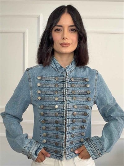Dik Yaka Düğme Detaylı Dar Kesim Denim Ceket - MAVİ