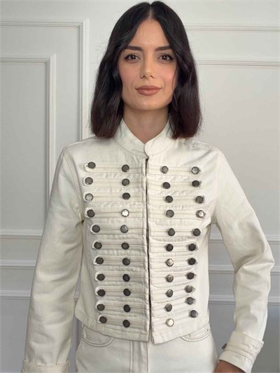 Dik Yaka Düğme Detaylı Dar Kesim Denim Ceket - EKRU