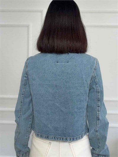 Dik Yaka Düğme Detaylı Dar Kesim Denim Ceket - MAVİ