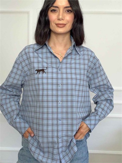 Ekose Desenli Nakış Detaylı Oversize Gömlek - MAVİ