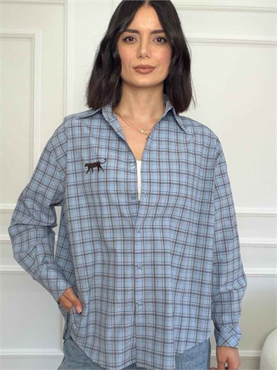 Ekose Desenli Nakış Detaylı Oversize Gömlek - MAVİ