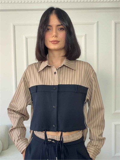 Çizgili Şerit Detaylı Crop Gömlek - BEJ