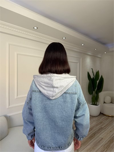 Kapüşonlu Perçin Detaylı Denim Ceket - AÇIK KAR YIKAMA