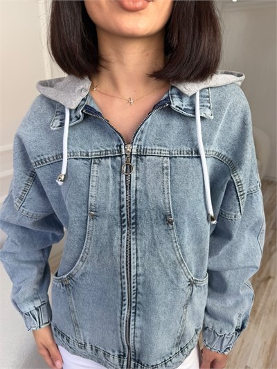 Kapüşonlu Perçin Detaylı Denim Ceket - AÇIK KAR YIKAMA