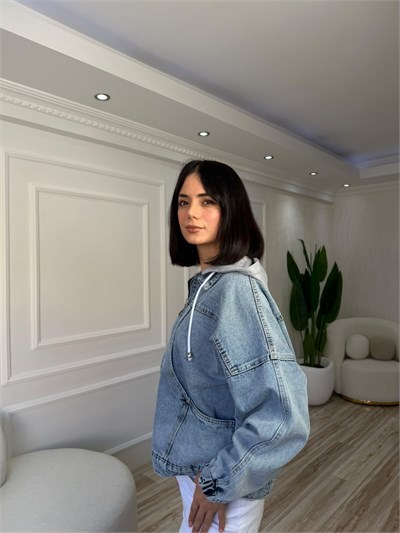 Kapüşonlu Perçin Detaylı Denim Ceket - AÇIK KAR YIKAMA