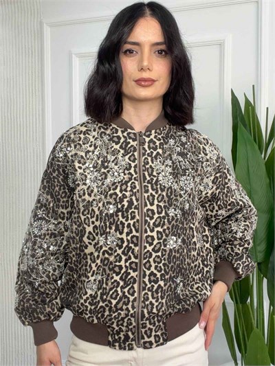 Taş İşlemeli Leopar Desenli Bomber Mont - KAHVE