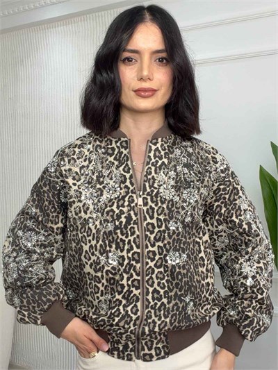 Taş İşlemeli Leopar Desenli Bomber Mont - KAHVE