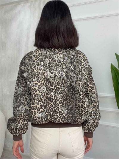 Taş İşlemeli Leopar Desenli Bomber Mont - KAHVE