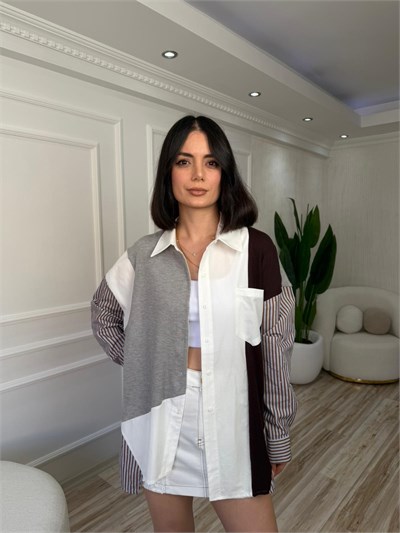 Patchwork Detaylı Oversize Gömlek - KAHVE