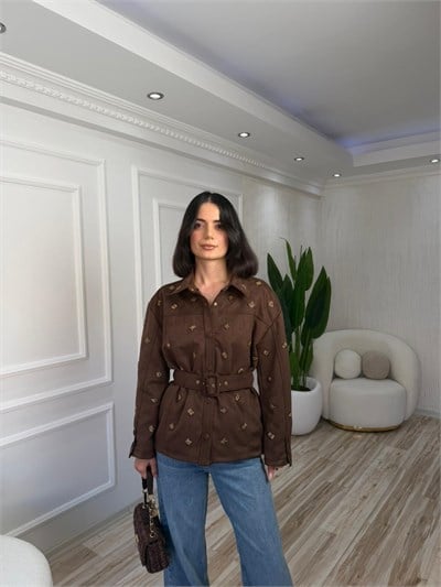 Kemerli İşleme Detaylı Oversize Mont - KAHVE