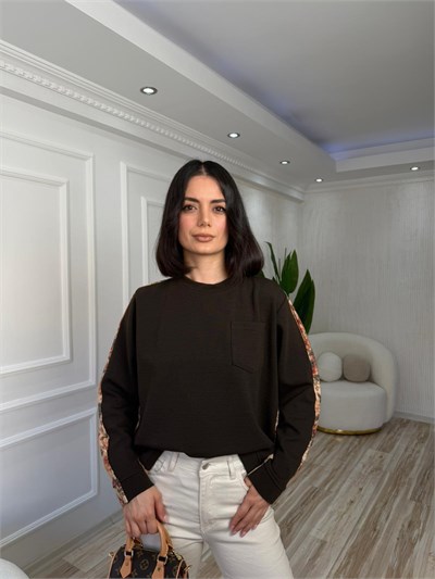Arkası Çiçek Desenli Pile Detaylı Sweat - KAHVE