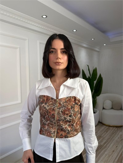 Korse Detaylı Fermuarlı Gömlek - EKRU-BEJ