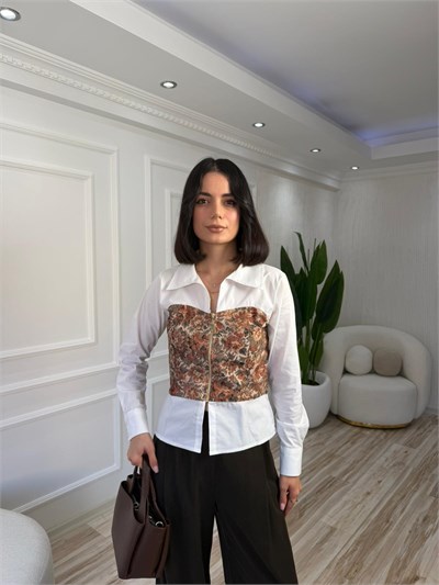 Korse Detaylı Fermuarlı Gömlek - EKRU-BEJ