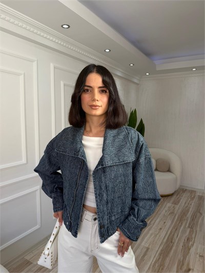 Dokulu Geniş Yaka Fermuarlı Ceket - LACİ