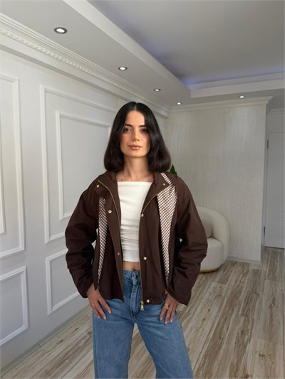 Ekose Şal Detaylı Fermuarlı Kısa Trençkot - KAHVE