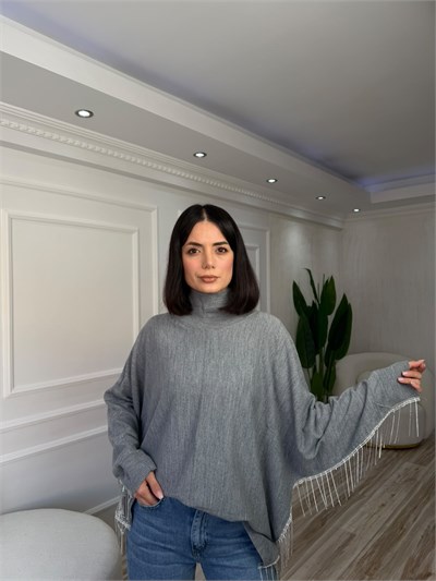 Taş Püskül Detaylı Balıkçı Yaka Triko Kazak - ANTRASİT