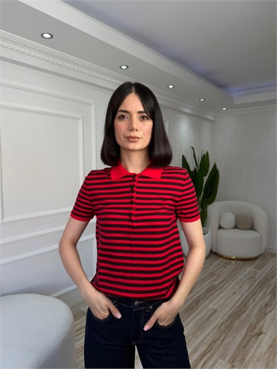 Polo Yaka Düğmeli Çizgili Kısa Kol Triko Kazak - KIRMIZI