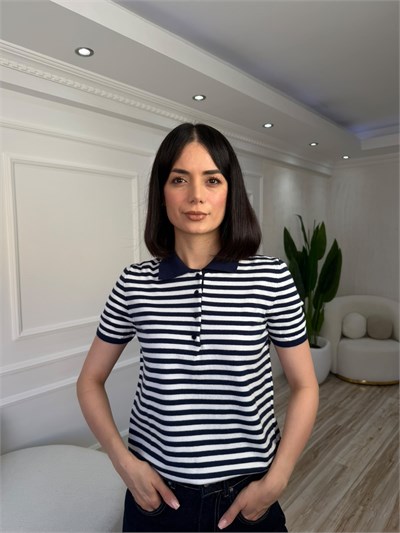 Polo Yaka Düğmeli Çizgili Kısa Kol Triko Kazak - LACİ