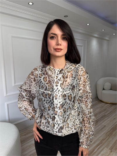 Kapüşonlu Leopar Desenli Yağmurluk - BEJ
