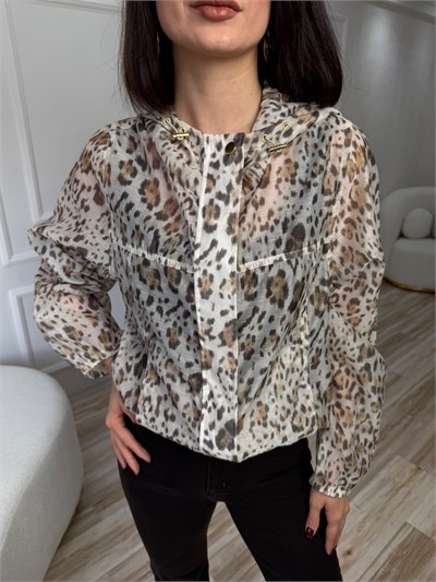 Kapüşonlu Leopar Desenli Yağmurluk - BEJ
