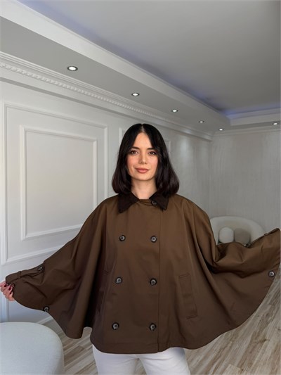 Kadife Yaka Düğmeli Oversize Panço - KAHVE