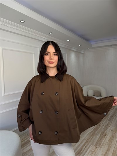 Kadife Yaka Düğmeli Oversize Panço - KAHVE