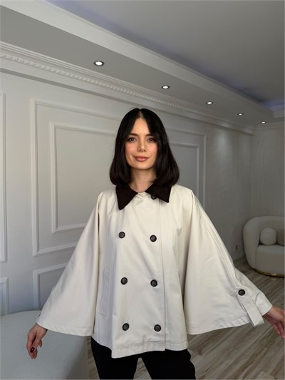 Kadife Yaka Düğmeli Oversize Panço - TAŞ