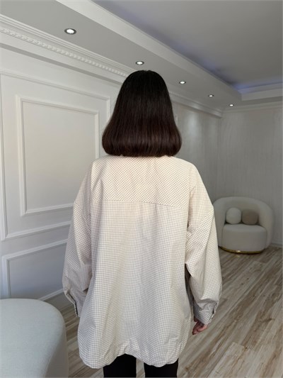 Kadife Yaka Ekose Desenli Oversize Trençkot - TAŞ