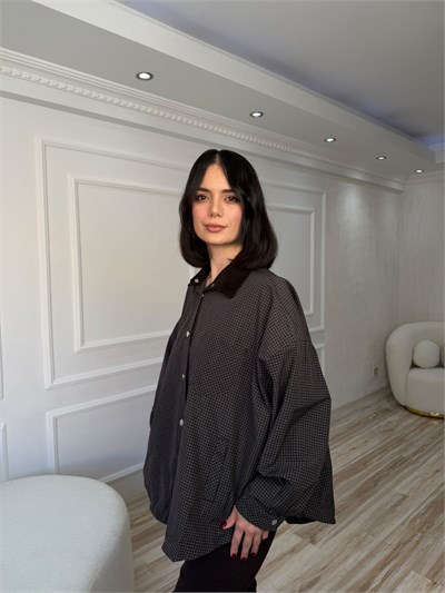 Kadife Yaka Ekose Desenli Oversize Trençkot - KAHVE