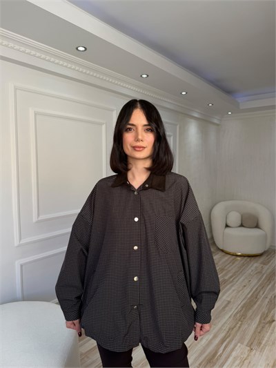 Kadife Yaka Ekose Desenli Oversize Trençkot - KAHVE