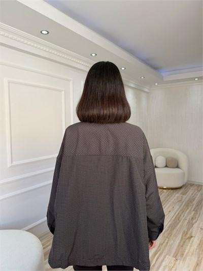 Kadife Yaka Ekose Desenli Oversize Trençkot - KAHVE