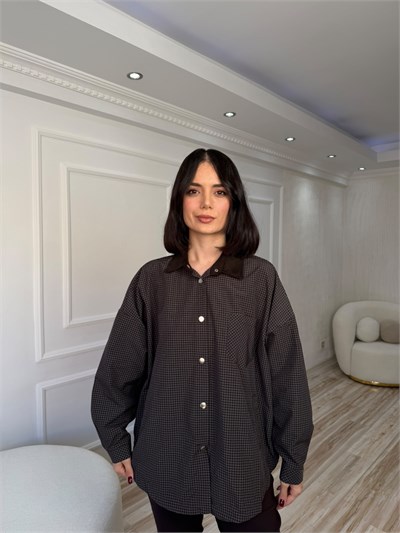 Kadife Yaka Ekose Desenli Oversize Trençkot - KAHVE
