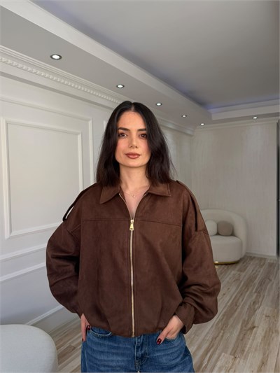 Fermuarlı Oversize Süet Görünümlü Bomber - KOYU KAHVE
