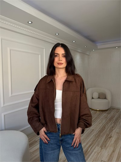 Fermuarlı Oversize Süet Görünümlü Bomber - KOYU KAHVE