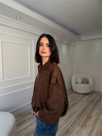 Fermuarlı Oversize Süet Görünümlü Bomber - KOYU KAHVE