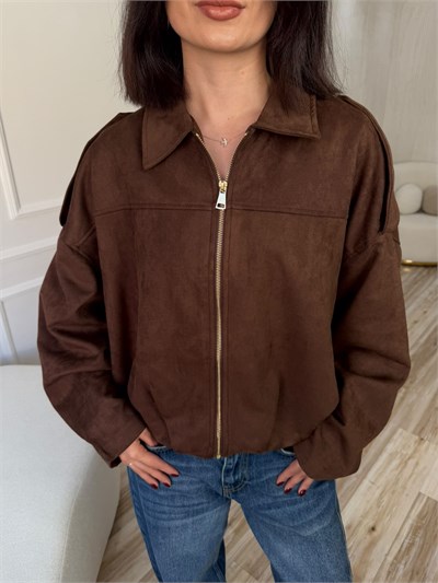 Fermuarlı Oversize Süet Görünümlü Bomber - KOYU KAHVE
