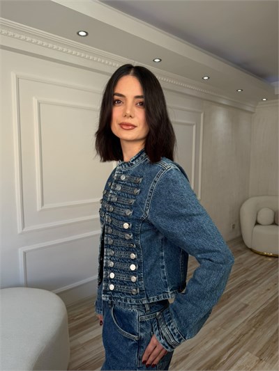 Dik Yaka Çok Düğmeli Kısa Ceket - MAVİ