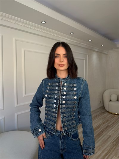 Dik Yaka Çok Düğmeli Kısa Ceket - MAVİ