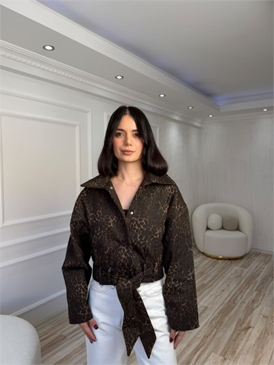 Leopar Desenli Kemerli Gabardin Ceket - LEOPAR