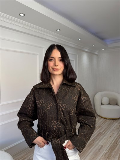 Leopar Desenli Kemerli Gabardin Ceket - LEOPAR