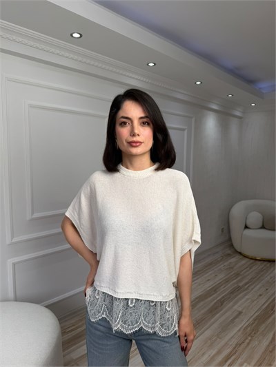 Dantel Etek Uçlu Yarasa Kol Triko Kazak - EKRU
