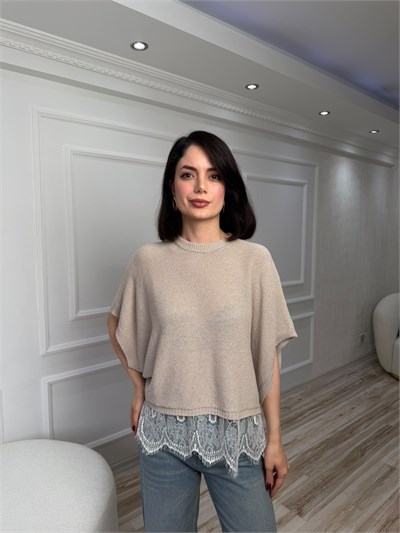 Dantel Etek Uçlu Yarasa Kol Triko Kazak - TAŞ