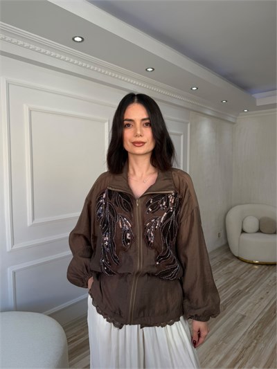 Dik Yaka Nakış ve Payet Detaylı Fermuarlı Mont - KAHVE