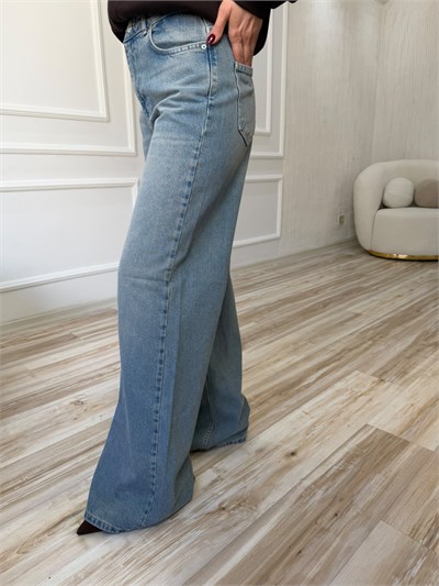 Yüksek Bel Geniş Paça Denim Pantolon - MAVİ