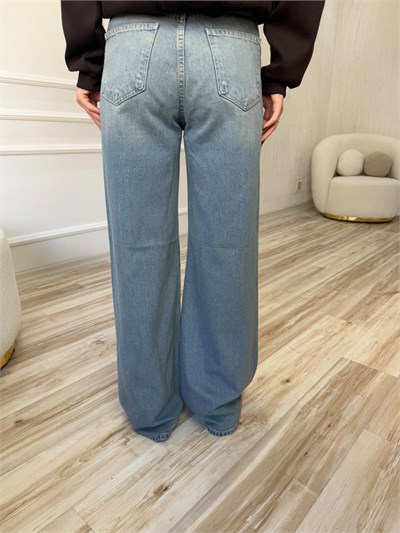 Yüksek Bel Geniş Paça Denim Pantolon - MAVİ