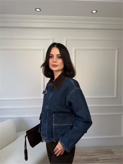 Kadife Yaka Detaylı Denim Ceket - MAVİ
