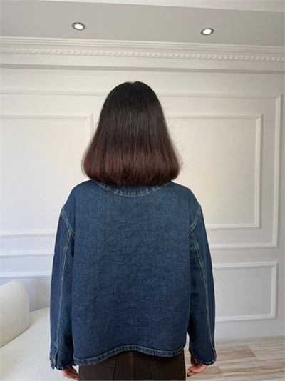 Kadife Yaka Detaylı Denim Ceket - MAVİ