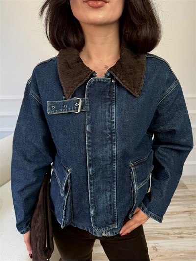 Kadife Yaka Detaylı Denim Ceket - MAVİ