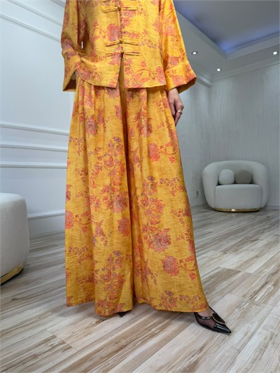 Çiçek Desenli Kimono Ceket Geniş Paça Pantolon Takım - TURUNCU