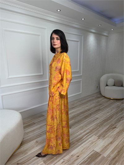 Çiçek Desenli Kimono Ceket Geniş Paça Pantolon Takım - TURUNCU